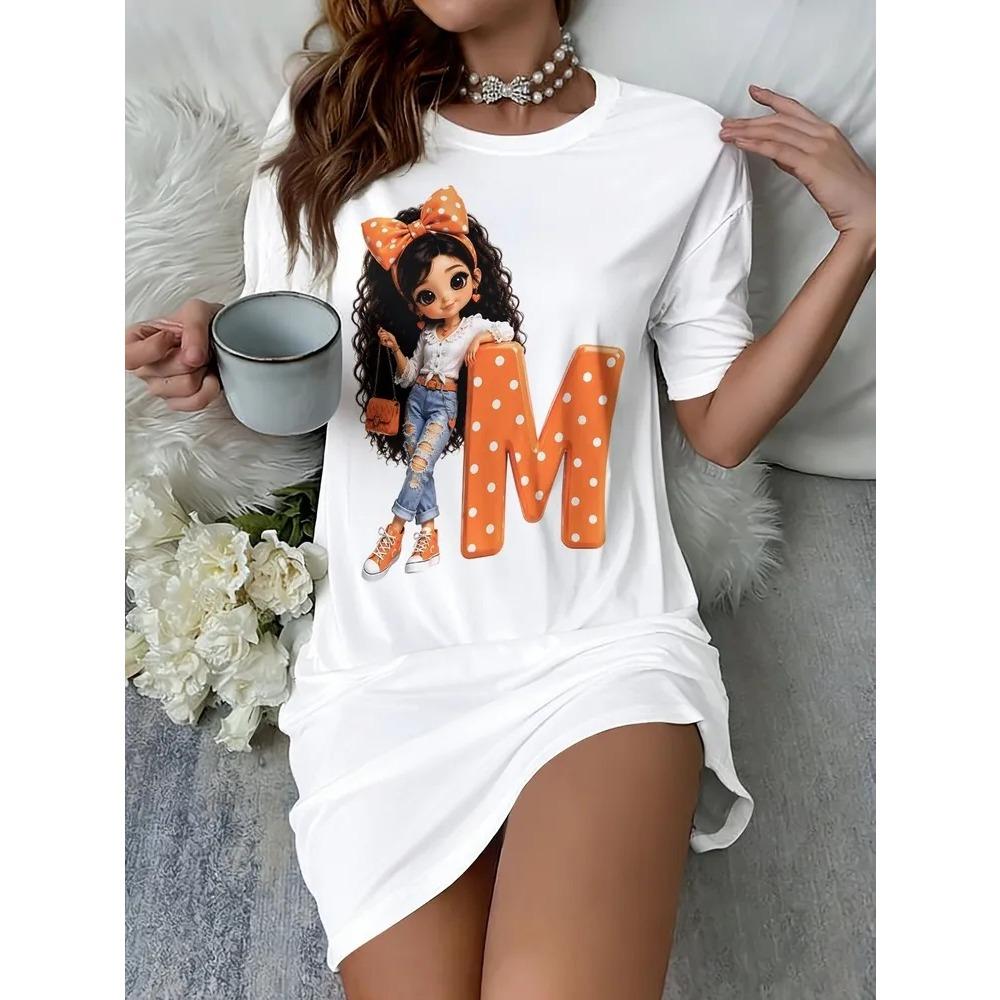 Summer Fashion Comfortable Breathable Round Neck Short Sleeved Dresses Women Cartoon Cute Portrait 3d Print Plus Size Loose Dresses