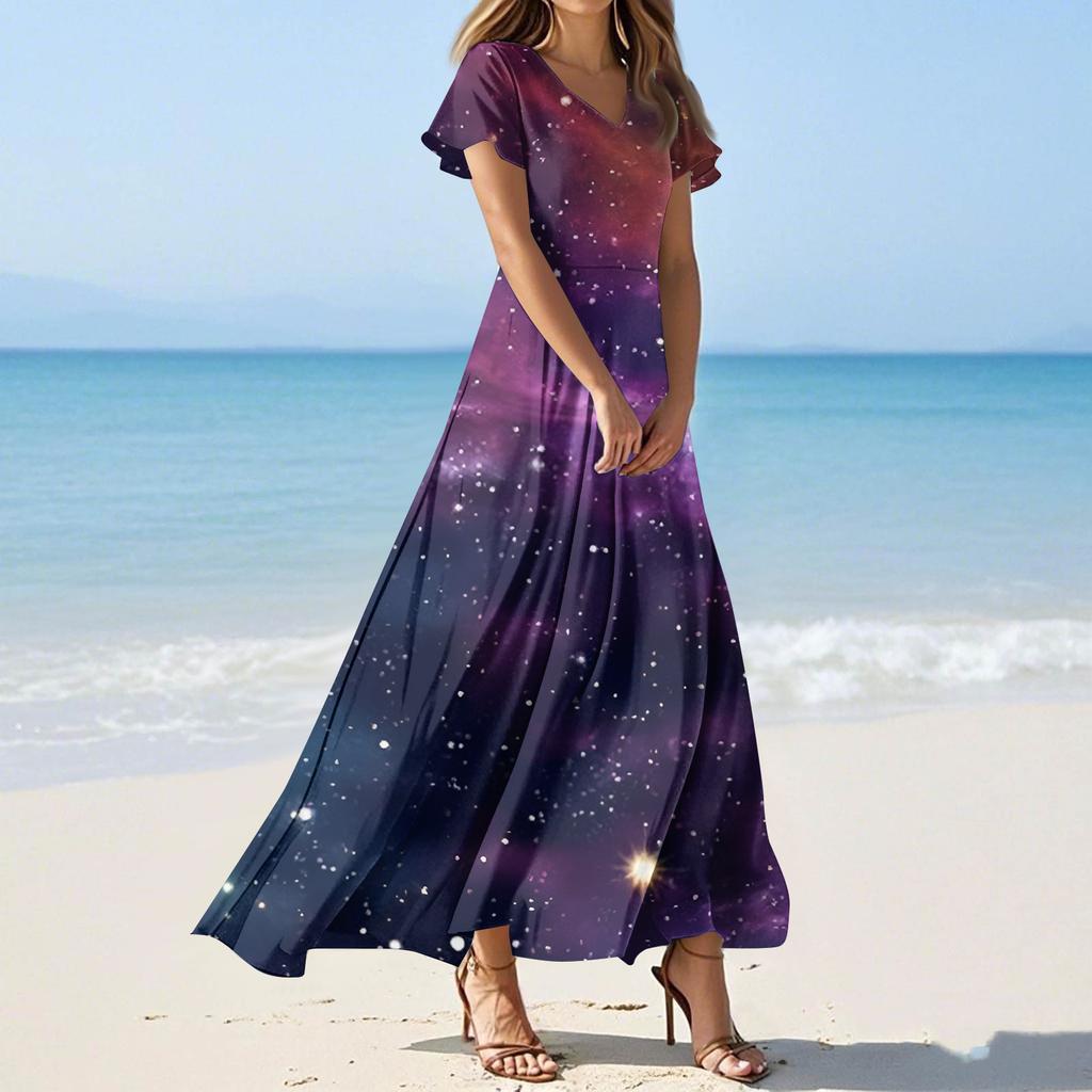 Women's Summer Casual Fashion -Print V-Neck Short-Sleeve Patchwork Dress