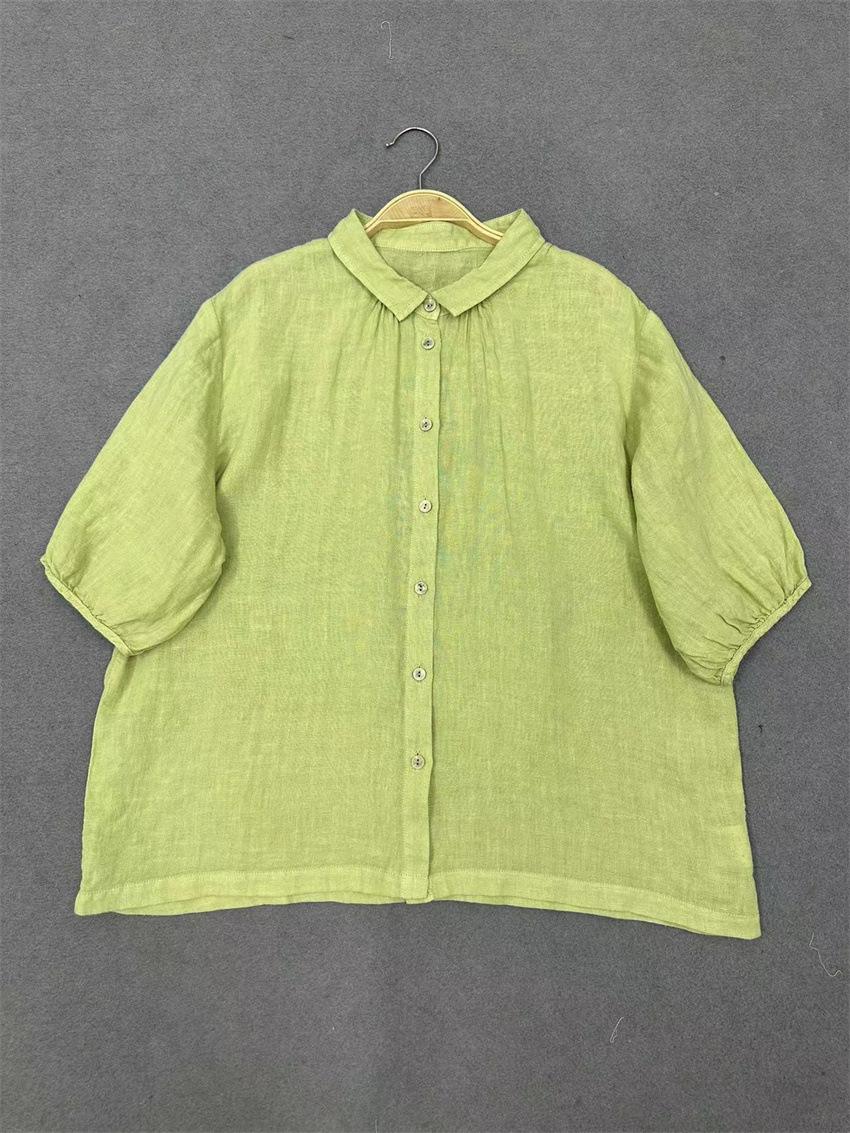 

Johnature Літні однотонні сорочки з короткими рукавами Mori, повсякденні прості вільні сорочки в стилі ретро One Size зелений