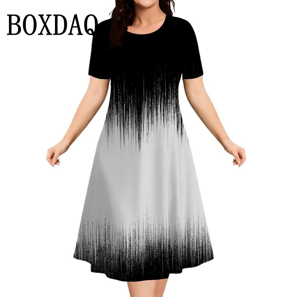 Summer Women Dress Fashion Plus Size Short Sleeve Dress Black White Contrast Color Loose A-Line DressClothing