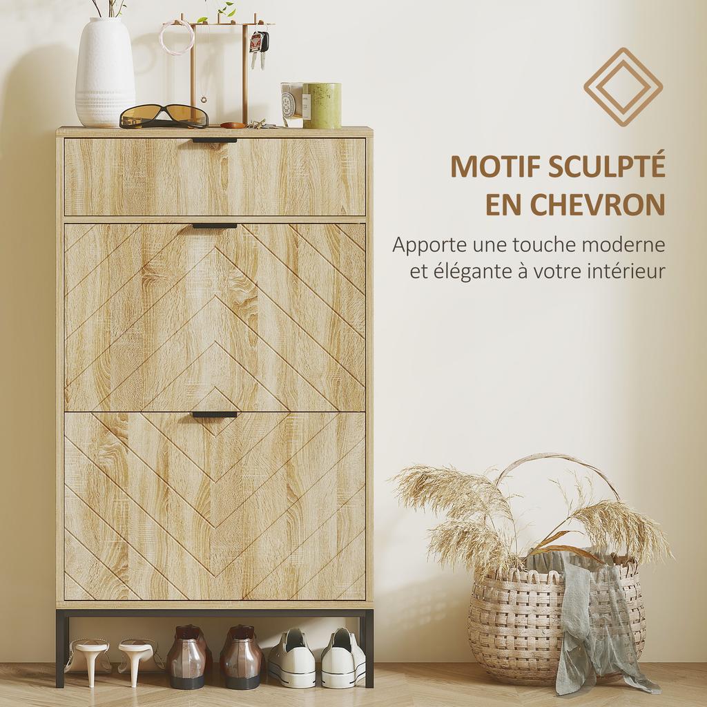 Shoe Cabinet 8 Pairs With Sliding Drawer 2 Flip Down Drawers Adjustable Shelves 60x24x105.5cm Oak