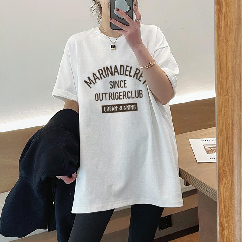 

Женская футболка с коротким рукавом из хлопка с брюками-акулами, средней длины, свободного кроя, большого размера, белая базовая футболка, весенне-летняя модная S