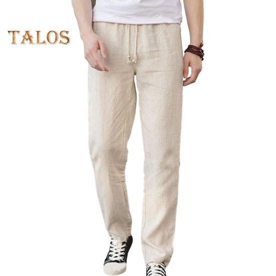 

Мужские льняные повседневные брюки, однотонные прямые брюки с завязками на талии, тонкие летние брюки для уличной одежды, путешествий, отпуска M хаки