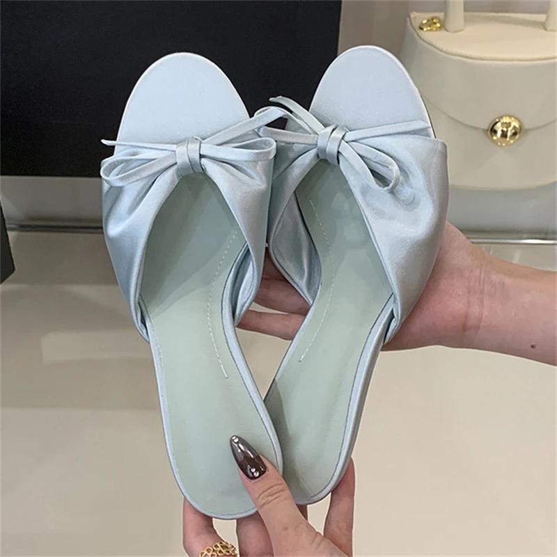 Mode Eilyken Mode Schmetterling-Knoten Plissiert Dünne Niedrige Absätze Damen Hausschuhe Sommer Elegant Peeptoe Party Kleiderschuhe