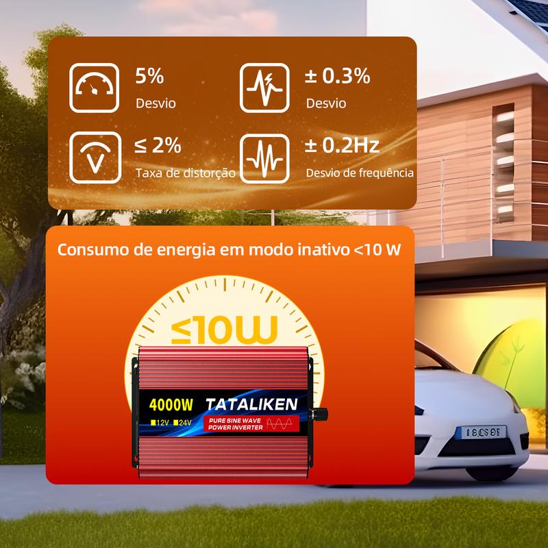 1600W Multi-Power Brazil Compatible Inverter, 12V DC Input to 110V or 220V AC Output, with Digital Screen & Temperature Control