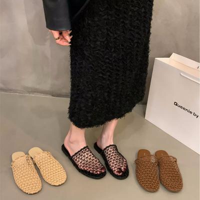 Woven Mesh Bag Head Half Slippers Women's Shoes Outer Wear 2025 Summer Flat-bottomed Vacation Retro Roman Sandals