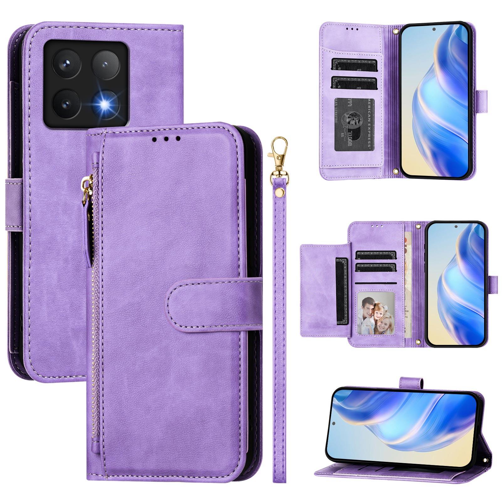 

For Xiaomi 14T Case Zipper Pocket Multiple Card Slots Leather Phone Cover Purple
