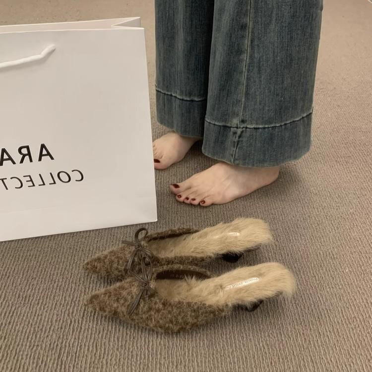 French Temperament Plush Bag Head Half Slippers Lazy One Pedal Pointed Muller Shoes Plush Shoes Women Wear Outside Winter