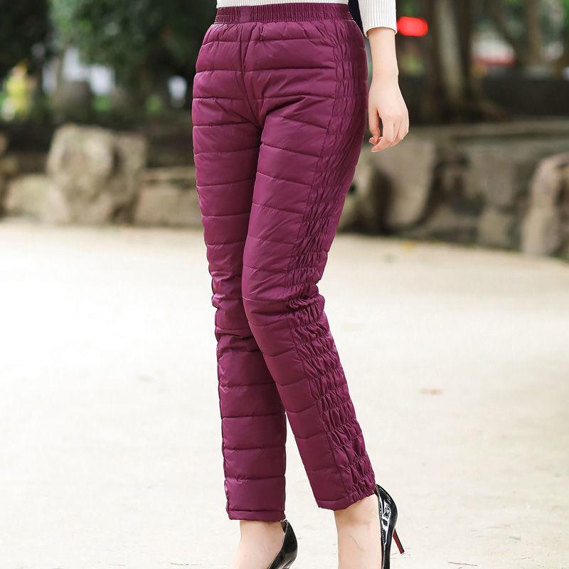 Autumn and Winter Plus Size Women's Solid Colour Padded Thickened Elastic Waist Hundred Warm Straight Elastic Solid Colour Casual Trousers