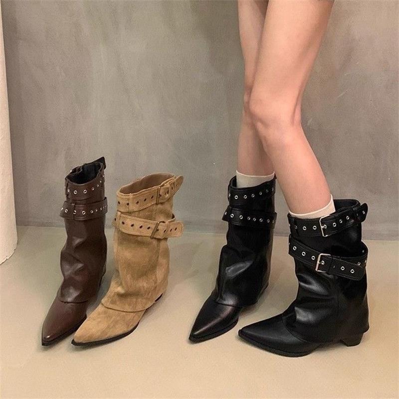 Bottes mi-mollet à tempérament rétro nouvelles bottes d'hiver pointues style cowboy western boucle de ceinture bottes pantalon