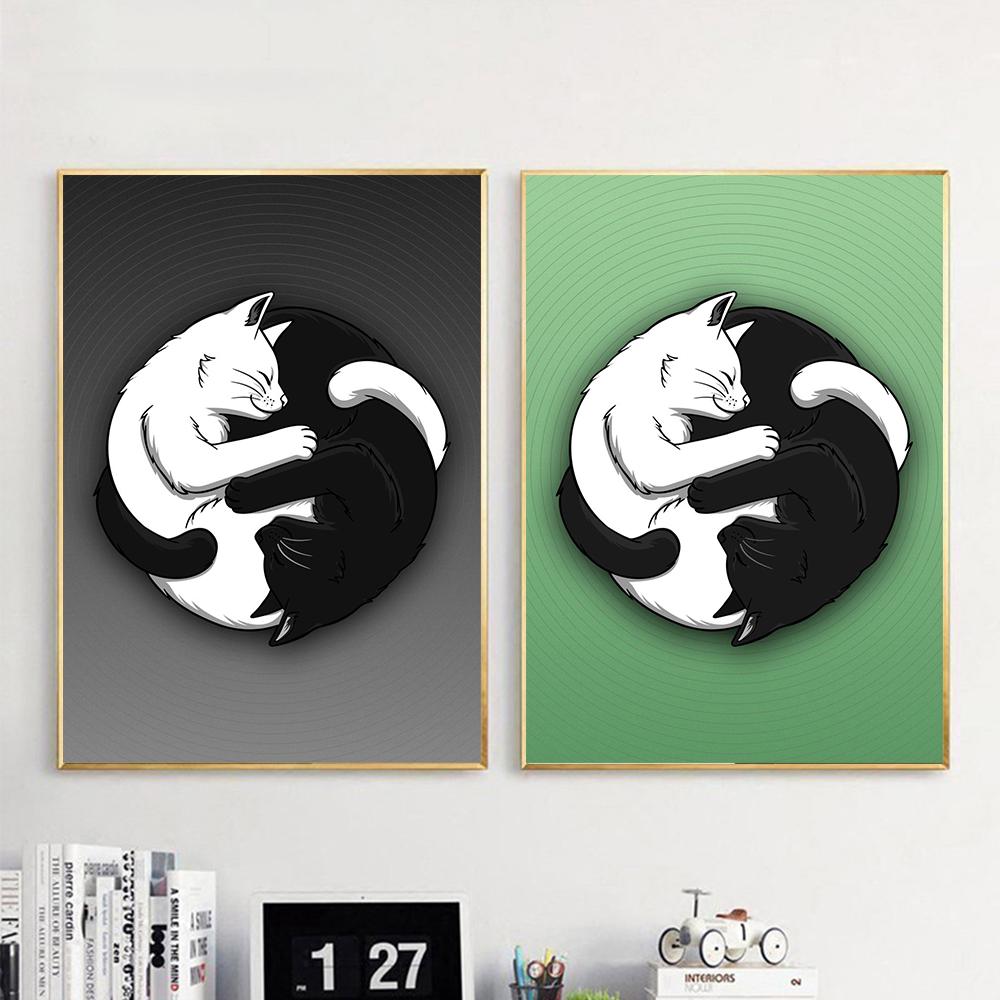 Tai Chi Balance Schwarz-Weiß Katzenabzüge Poster Leinwandbild Moderne Wandkunst Bilder Wohnzimmer Schlafzimmer Heimdekoration