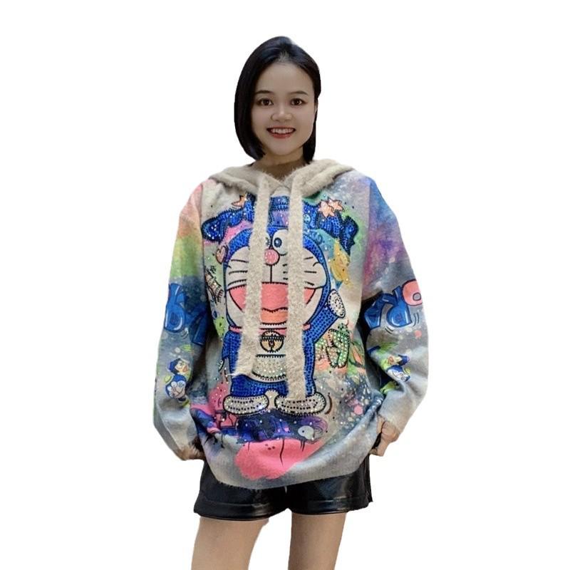 Korean Oversized Rhinestone Hooded Sweater Trendy Women's Autumn Print Knitted Top