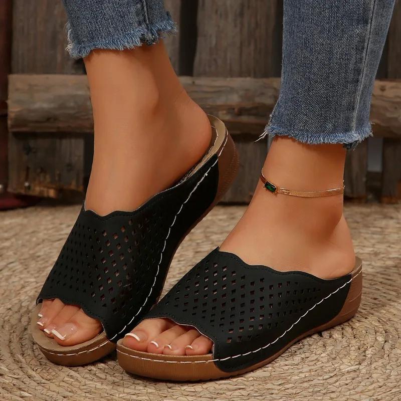 Обувь женская 2024 года горячая распродажа женские тапочки с открытым носком повседневные тапочки для улицы женские сандалии на танкетке с круглым носком больших размеров 36 чёрный 2498₽