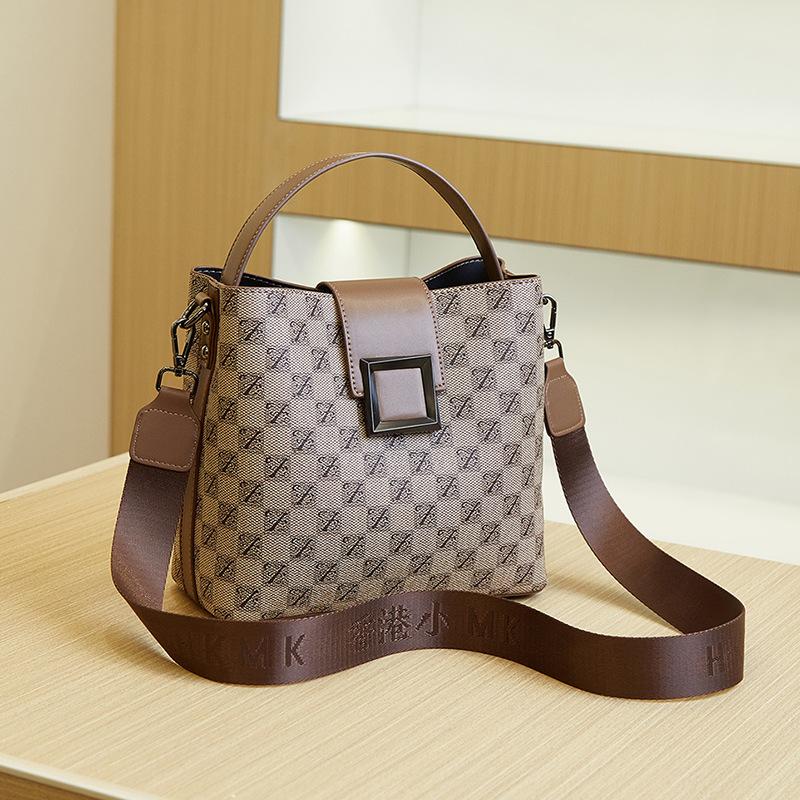 Ladies Printed Bucket Bag, Retro Wide Shoulder Strap Slanting Handbag, Fashi High Luxury Women's Bags, Plaid Pattern Bags