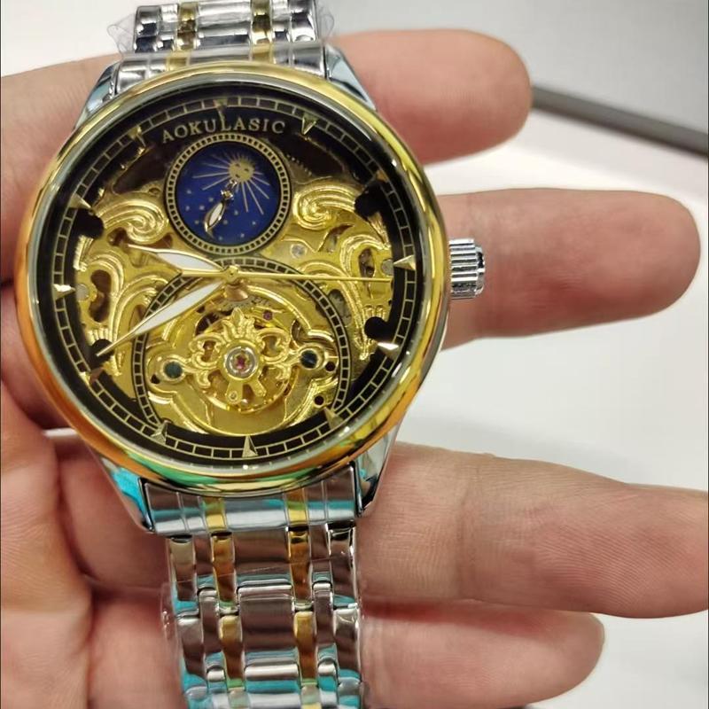 Royal Gold Skeleton Automatic Watch for Men Luxury Tourbillon Mechanical Watches Stainless Steel Strap Luminous Clock