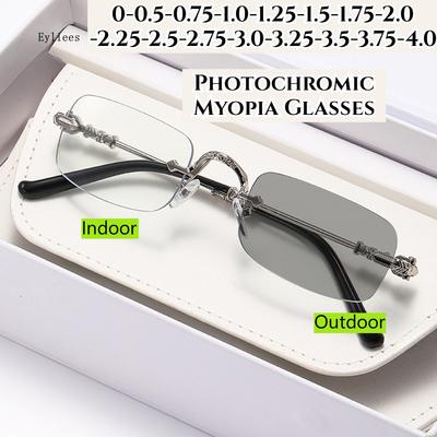 Men'S Business Frameless Photochromic Myopia Glasses Advanced Sensory Border Blue Light Glasses Classic Square Frame Unisex