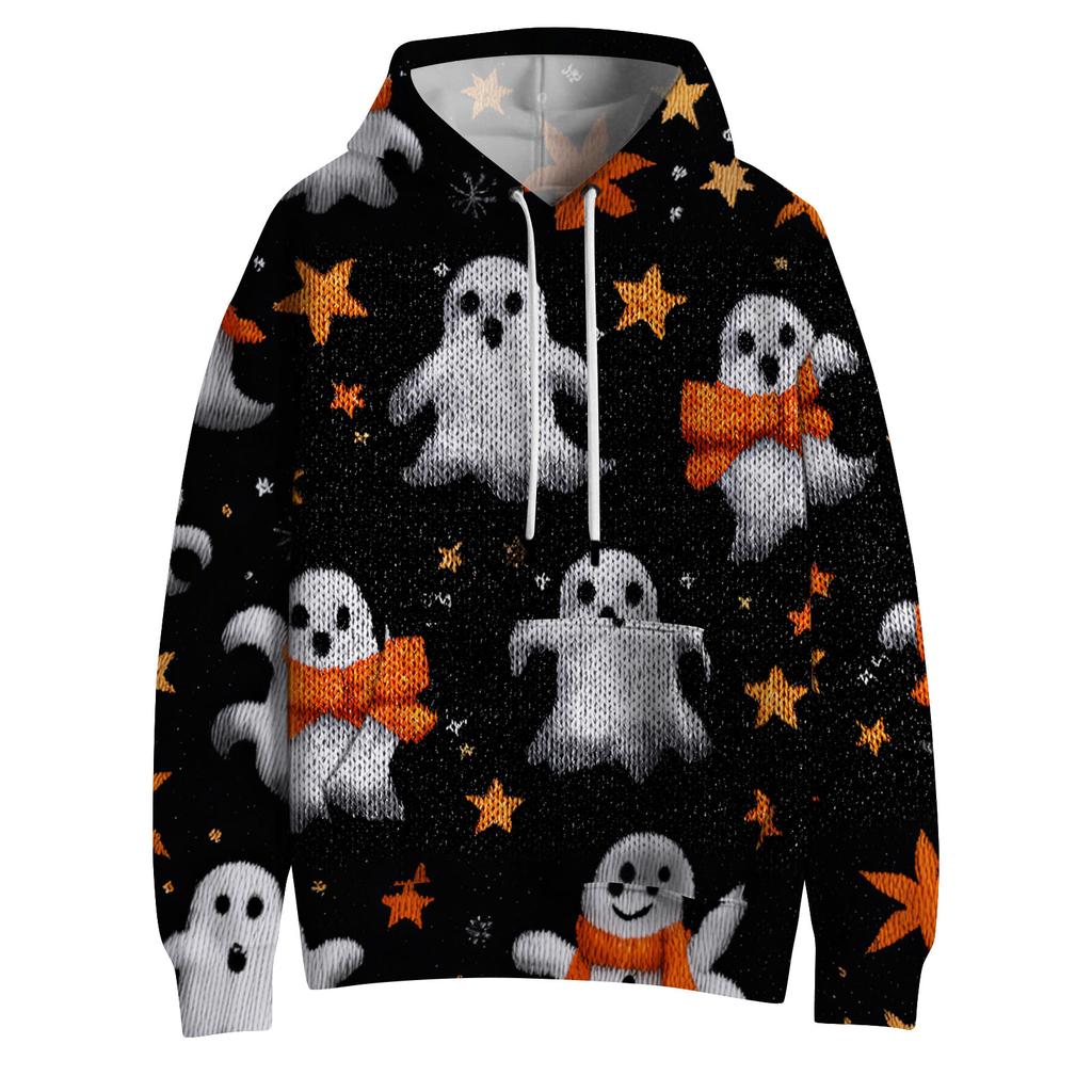 Dámská módní mikina s dlouhým rukávem, pulovr, potisk Halloween, s kapucí a kapsou