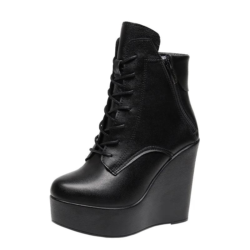 10cm 12cm Small Size 33-43 Fashion Platform Wedges Shoes Women Boots Leather 2025 High Heels Motorcycle Ankle Boots Office Mom