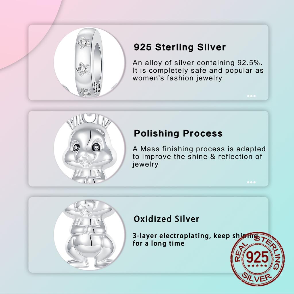 925 Silver Hypoallergenic Cute Bunny Rabbit Pendant Charm Easter Bead Fit Bracelets Adorable Jewelry Gift for Women
