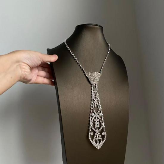 Women Tie Rhinestone Inlaid Adjustable Creative Hollow Design Necklace Tie Easy Wear Fashionable Tie for Party