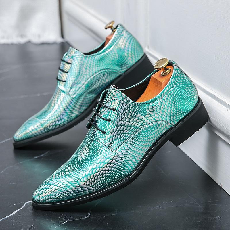 Designer Men's Pointed Fish Scale Pattern Patent Leather Oxford Shoes Business Wedding Dress Blue Green Sapatos Tenis Masculino