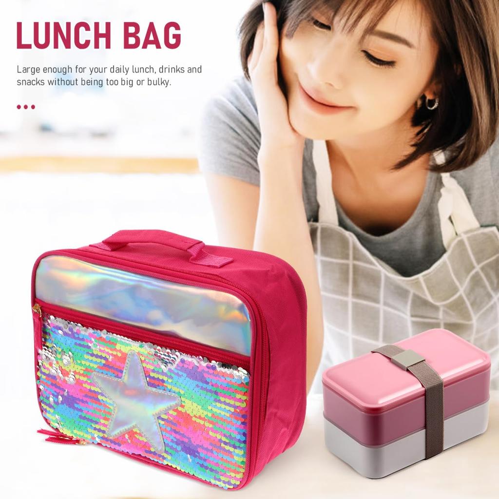 Garneck Portable Lunch Bag, Thermal Insulated Lunch Tote Bag, Sequined Lunch Storage Pouch, 25x19x7cm, Lightweight, Multifunctional, Lunch Bag