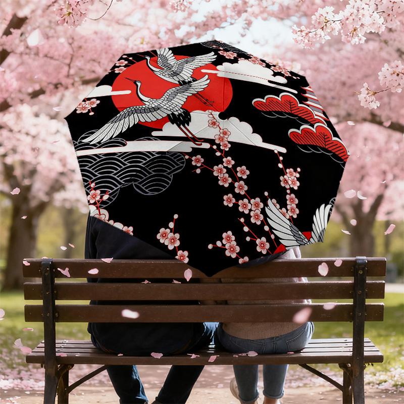 1pc Japanese Cranes Automatic Folding Umbrella, Heavy Duty 8 Rib Iron Frame, Suitable for Travel, Daily Use, Birthday, Decor Gift m0104014