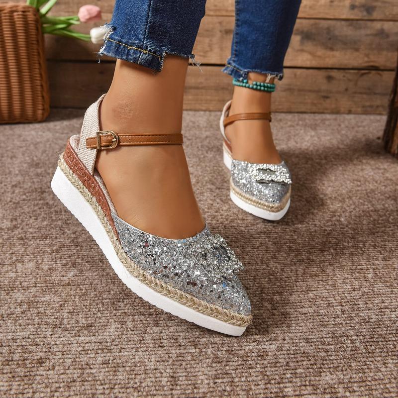 Fashion Sequin Square Buckle Wrapped Slippers Summer New Pointed Toe Shallow Mouth Lightweight Hemp Rope Wedge Flip-Flops