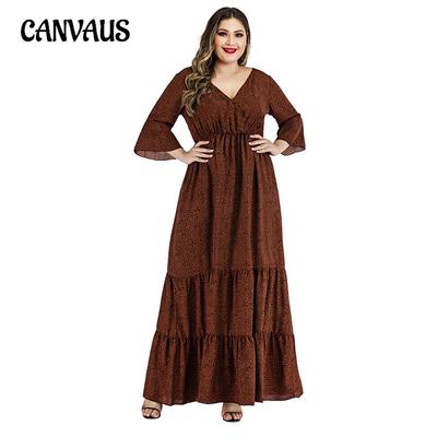 Plus Size Women's Leopard Print V Neck Dress with Flared Sleeves