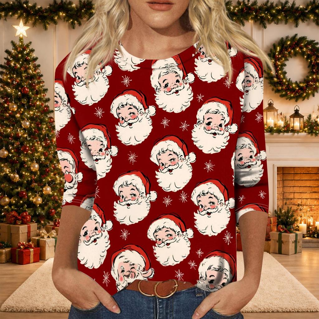 Women's Casual Christmas Print Three-Quarter Sleeve Neck Blouse