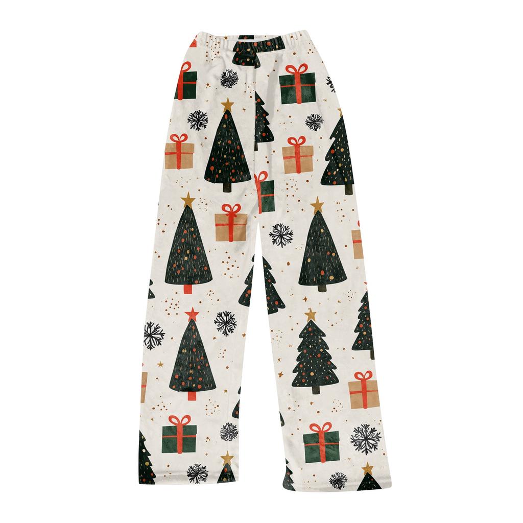 Women's Christmas Print Pants Casual Plush Pajama Bottoms for Holiday Lounging
