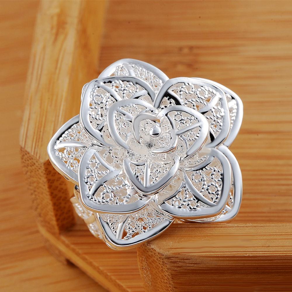 925 Sterling Silver Wedding Jewelry Flower Adjustable Ring