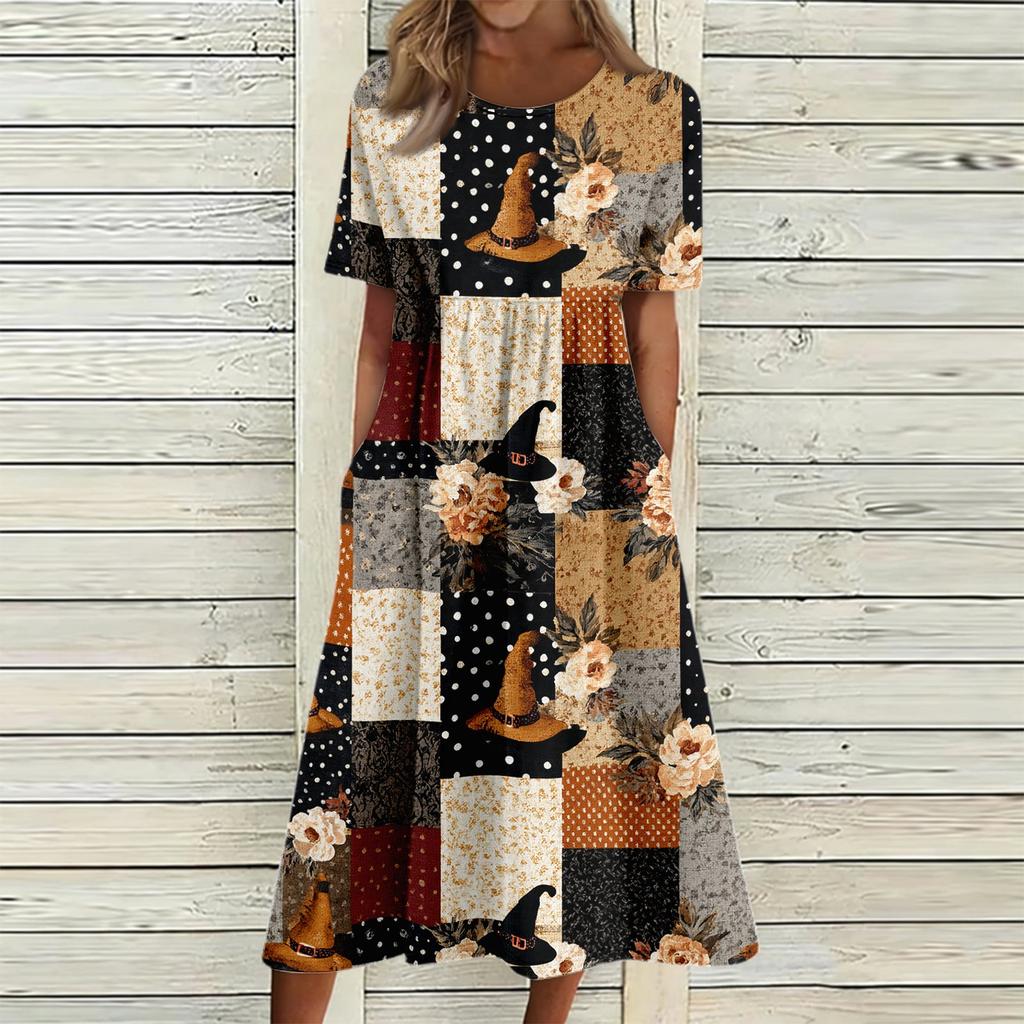Women's Casual Halloween Print Patchwork Dress Short Sleeve Round Neck Pocket Midi Dress Loose Fit Comfortable Everyday Wear