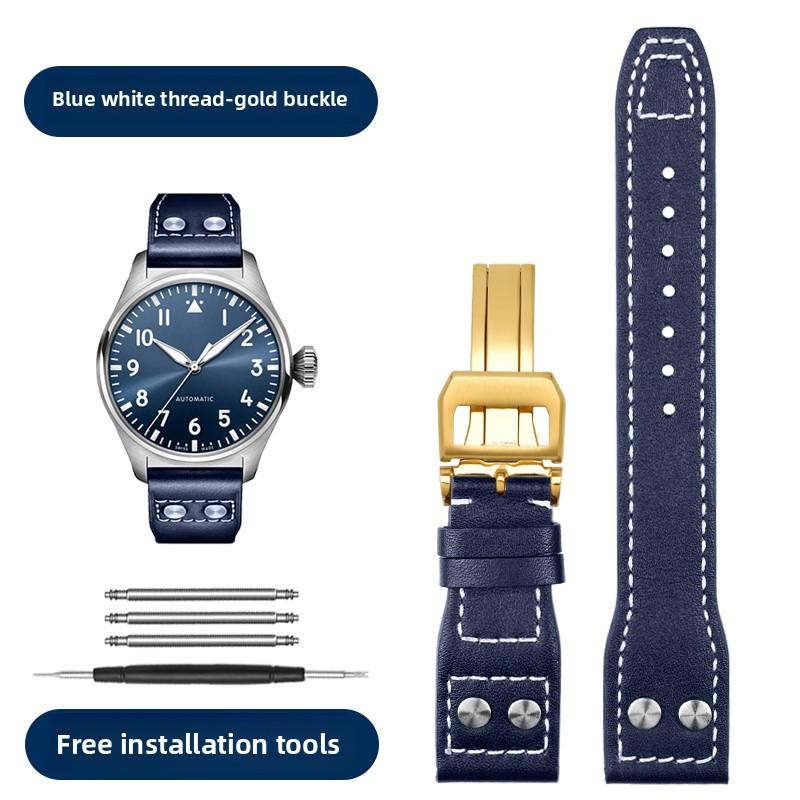 21 22mm Armband Retro Echtes Leder Nieten Armband Für IWC Big Pilot Spitfire Mark18 Vintage Braun Schwarz Blau Rindsleder Uhrenarmband