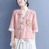 Three-quarter-sleeved Cotton and Linen Shirt Women's Literary Retro Embroidery Loose and Thin Cotton and Linen Color Matching Blouse Summer