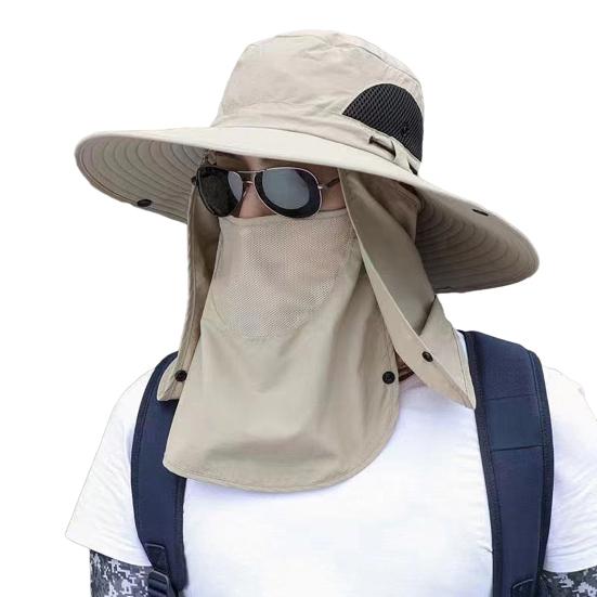 Men Fisherman Hat Wide Brim Breathable Mesh Design Quick-Drying Bucket Hat with Neck Shawl Face Guard Outdoor Fishing Hat