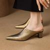 Fashion 2025 Women's New Spring/Summer Pointed Sheepskin Leather Genuine Leather Sheepskin Baotou Middle Heel Large Muller Half Slippers