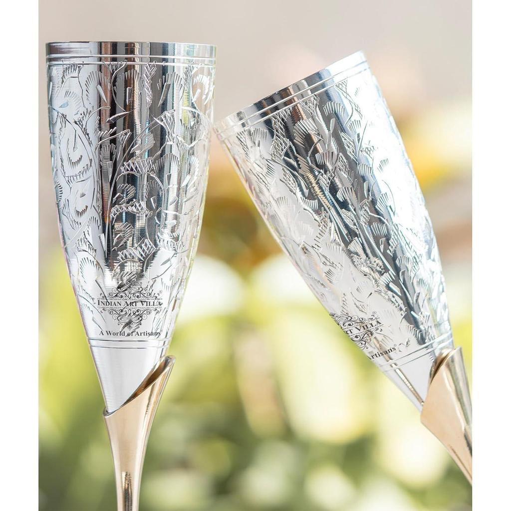 Silver Plated Goblet Flute Wine Glass with Blue Box, Best for Parties, Diwali Gift Item, 200 ML Each, Set of 2