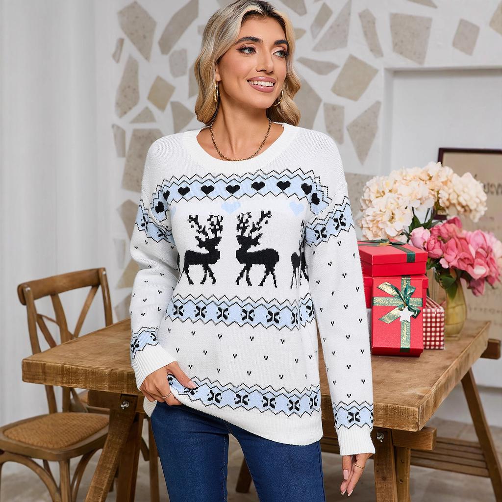 European, American Autumn And Winter Knitted Sweater Christmas Elk Jacquard Pullover Crew Neck Top Sweater Women