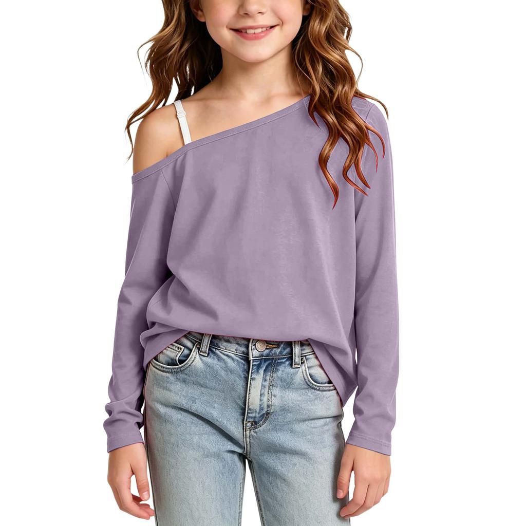 Kids Off-Shoulder Long Sleeve T-Shirt Loose Fit Color Casual Top