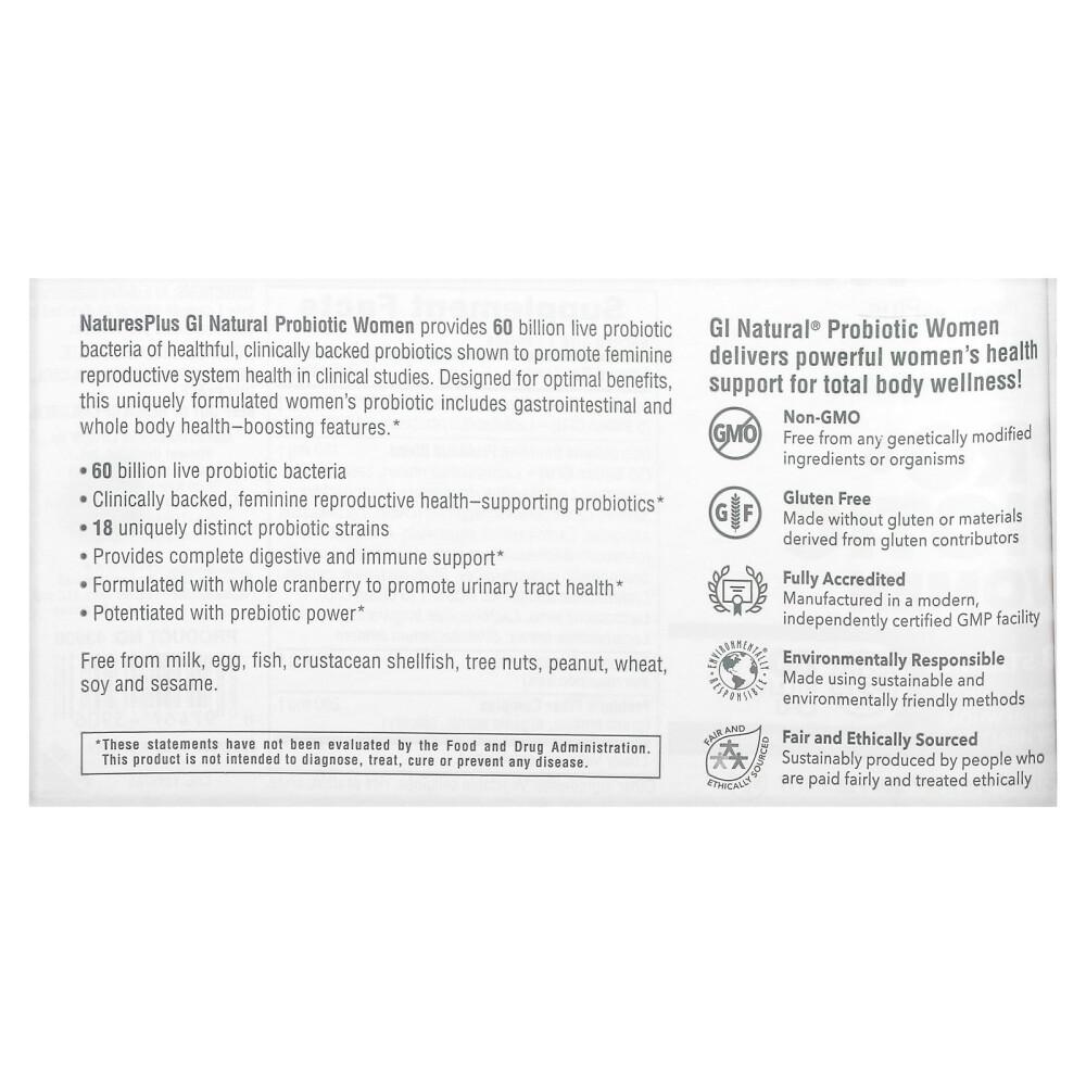Nature's Plus GI Natural Probiotikum für Frauen 60 Milliarden KBE 30 Kapseln