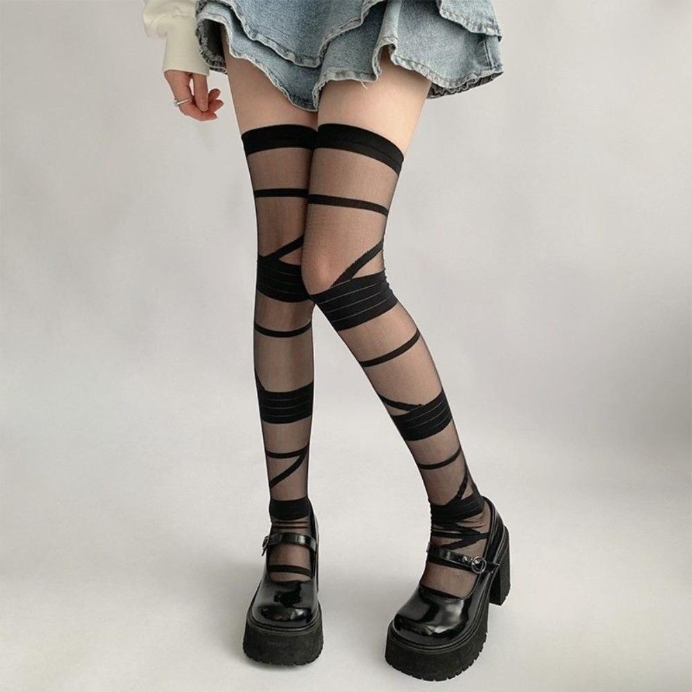 Lolita JK Style Transparent Stripe Stockings Elastic Above Knee Stocking  Streetwear