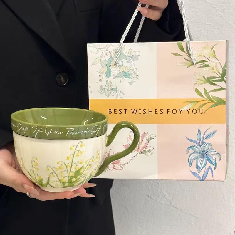 

OLOEY Vintage Green Lily Ceramic Coffee Mug Set