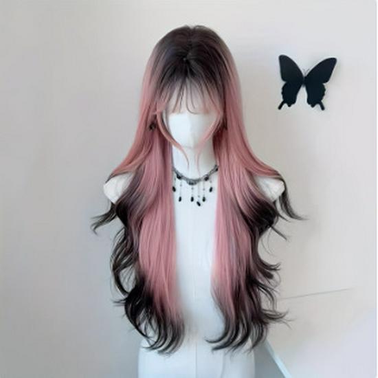 Женский розово-черный градиентный длинный кудрявый парик - Высокослойные имитирующие волосы