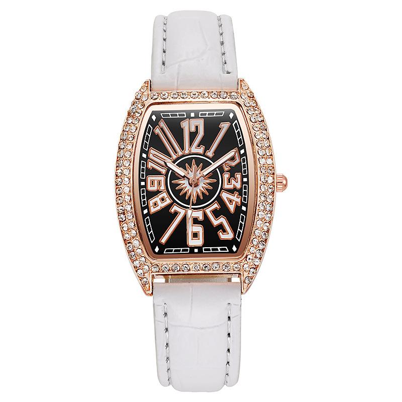 Ladies Leather Belt Rhinestone Watch Barrel-shaped Roman Numeral Wristwatch