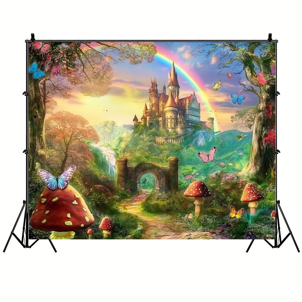 Fairy Tale Fantasy World Castle Background Cloth: Charming Forest, Rainbow and Castle, Parties, Weddings, Birthdays