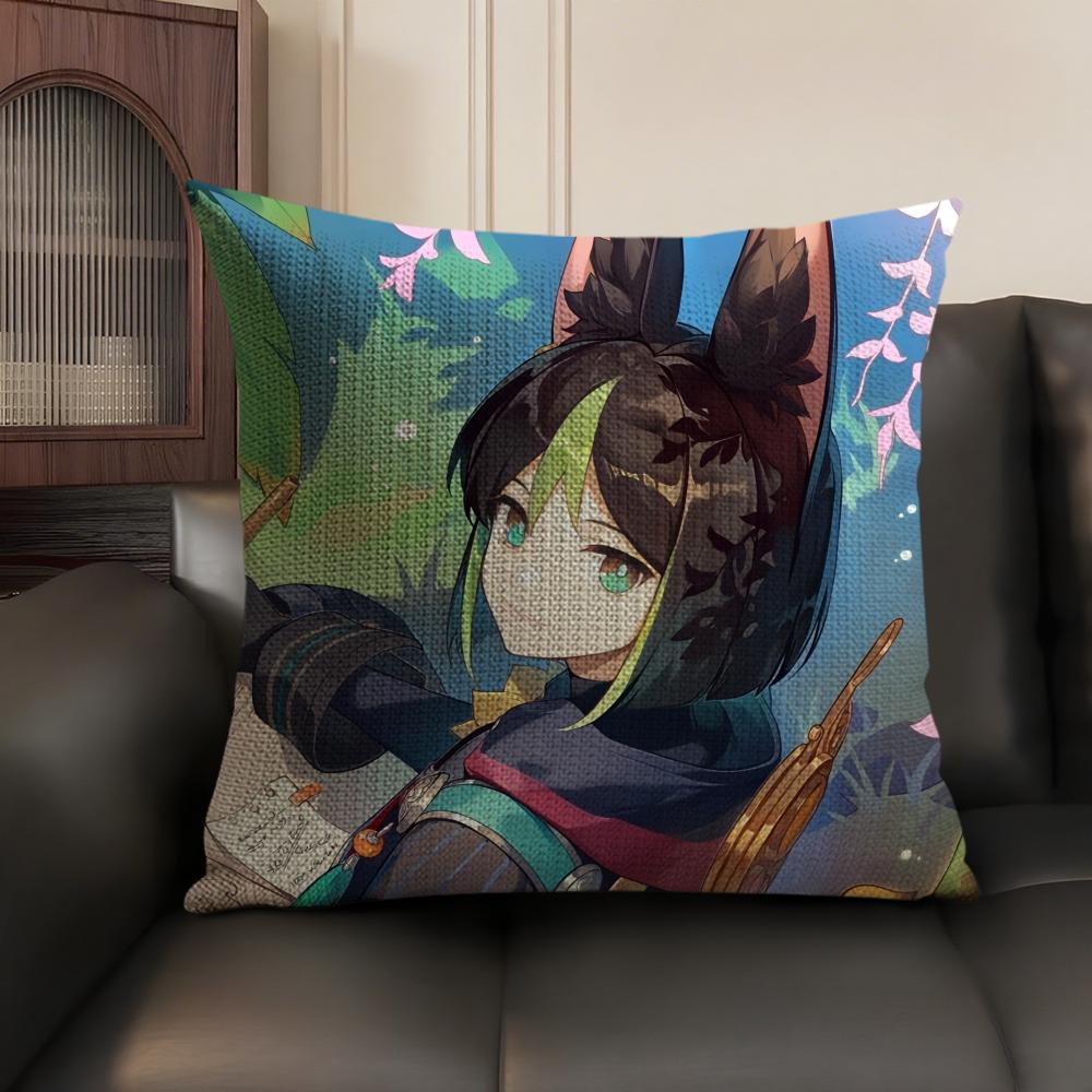 Tighnari Genshin Impact Cute Cushion Cover Natural Linen Organic Fabric Double-Sided Printing Sofa Home Decor Gift Pillow Case