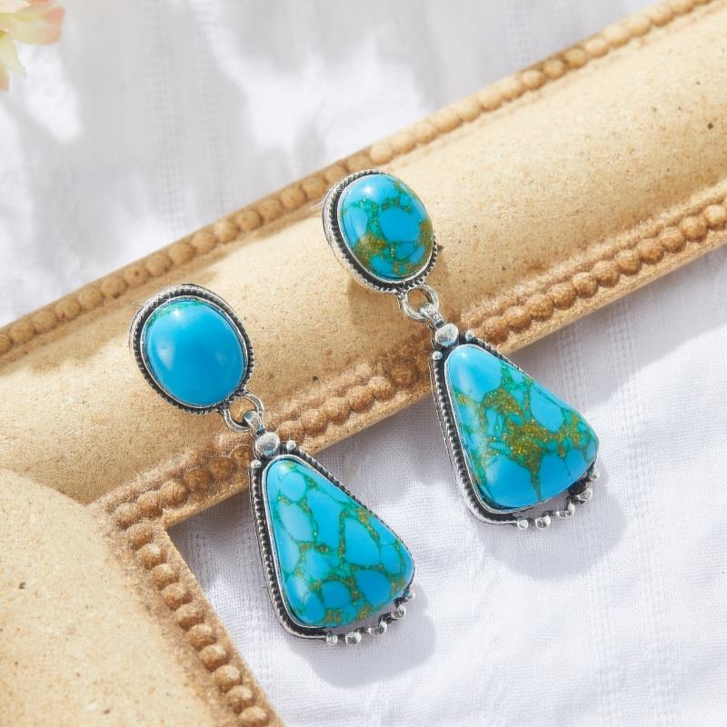 Bohemian Vintage Inlaid Imitation Turquoise Geometric Pendant Earrings for Women Fashion Exquisite Party Zircon Gifts