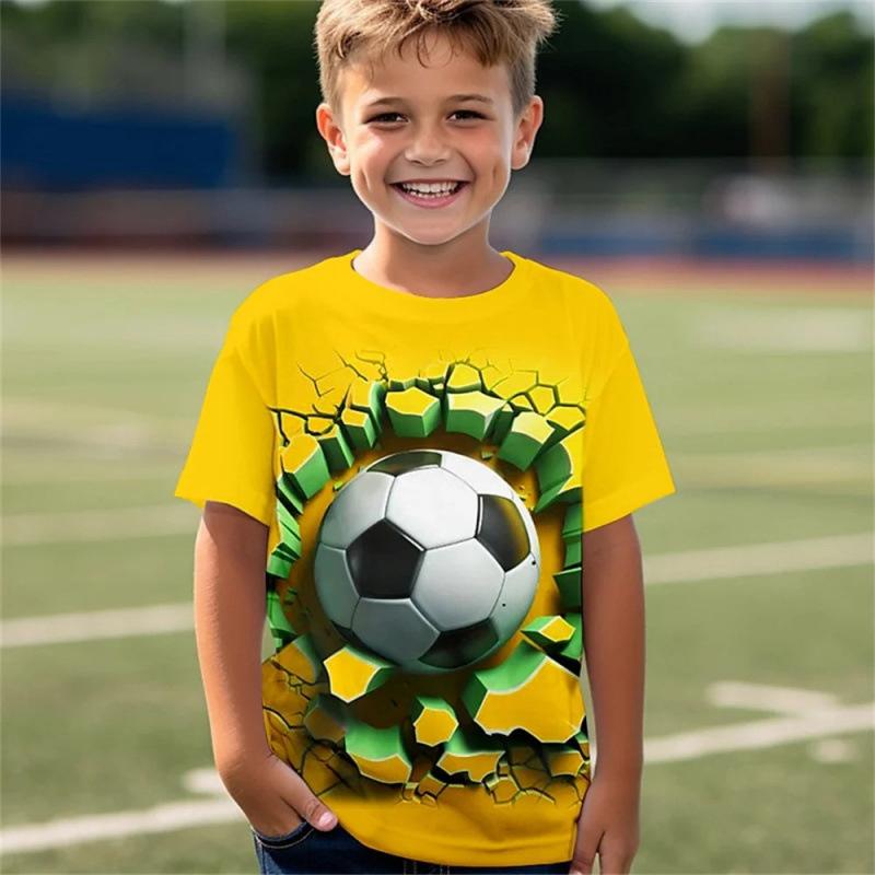 3D Tištěný Fotbalový Vzor Módní Trend Kulatý Výstřih Krátký Rukáv Ležérní Dětská Chlapecká Trička