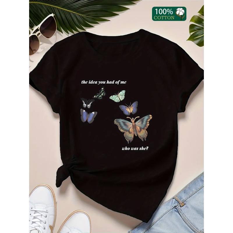 European Sizes Women's Butterfly Graphic Cotton T-Shirt - Casual Short Sleeve Crew Neck Tee with Inspirational Quote,